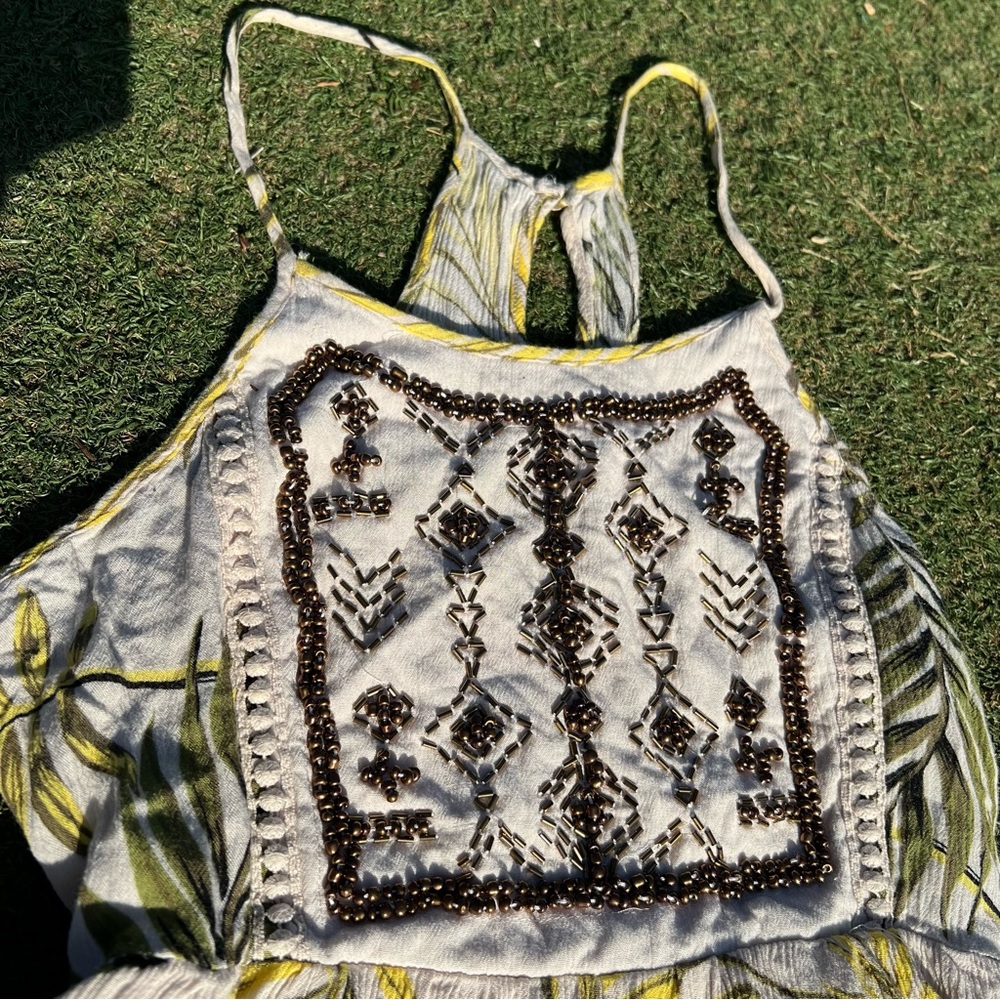 Altar'd State Cream and Yellow Leaf Print Romper botanical flowers embellished S - Picture 6 of 8